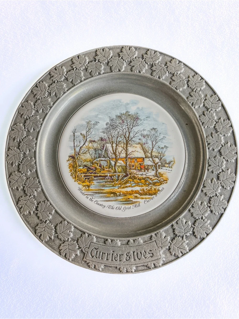 Vintage Currier & Ives Old Grist Mill Pewter Plate | Carson Freeport PA | Winter
